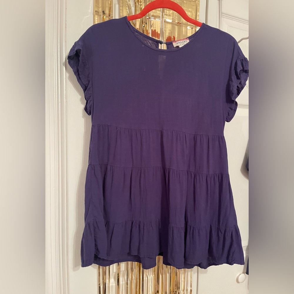 ANDREE BY UNIT Navy Blue Tiered Short Sleeve Blouse